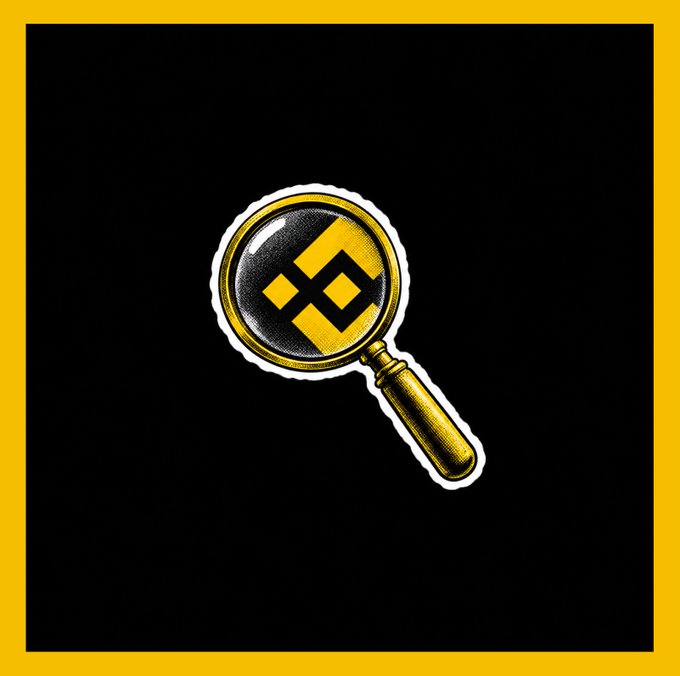 A graphic design featuring a yellow and black magnifying glass icon with the Binance cryptocurrency logo displayed inside the lens, set against a black background with a yellow border.