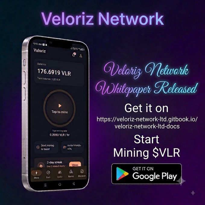 Promotional graphic for Veloriz Network featuring a smartphone displaying the app's mining interface with a balance of 176.6919 VLR at a mining rate of 0.2082 VLR/hr, alongside text announcing the release of the Veloriz Network Whitepaper at veloriz-network-ltd.gitbook.io and a Google Play download button inviting users to "Start Mining $VLR."