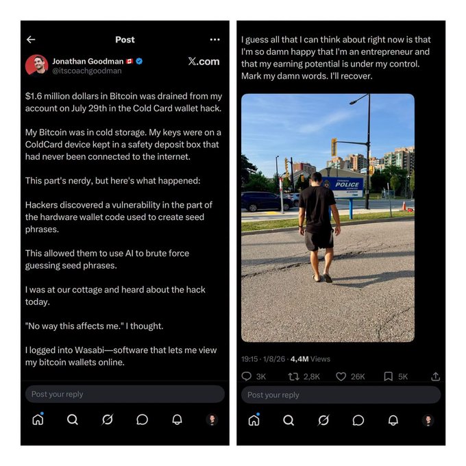 Two Twitter/X posts by Jonathan Goodman (@itscoachgoodman) recounting how hackers drained $1.6 million in Bitcoin from his ColdCard wallet using AI to brute-force seed phrases.
