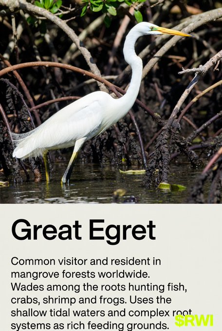 An informational card features a Great Egret wading through mangrove waters, with text describing it as a common resident of mangrove forests that hunts fish, crabs, shrimp, and frogs, branded with 'SRWI'.