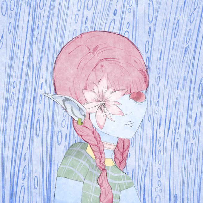 A watercolor-style illustration of a blue-skinned elf girl with pink braided hair and a pink flower covering her eye, set against a blue wooden background.
