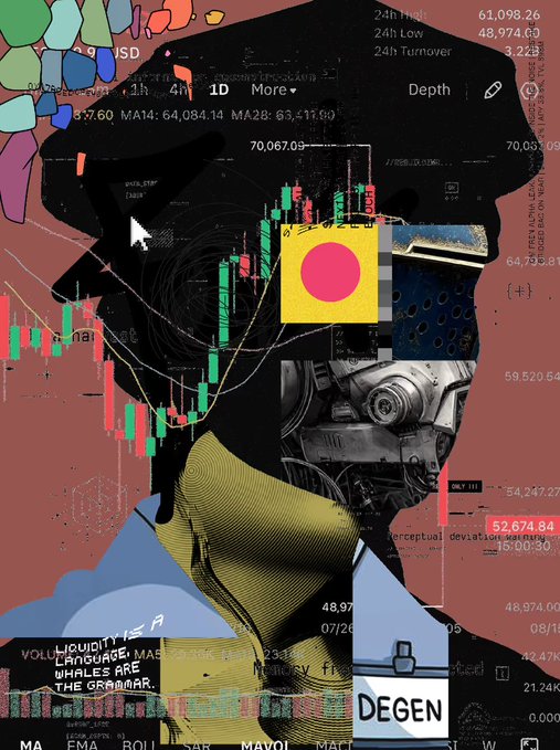 The image features a digital artwork of a man's face, which appears to be a collage of various shapes and designs such as text, numbers, arrows, symbols, and a train car or robot, creating an abstract composition. The artist has also included some information about Degen and their business in the background.