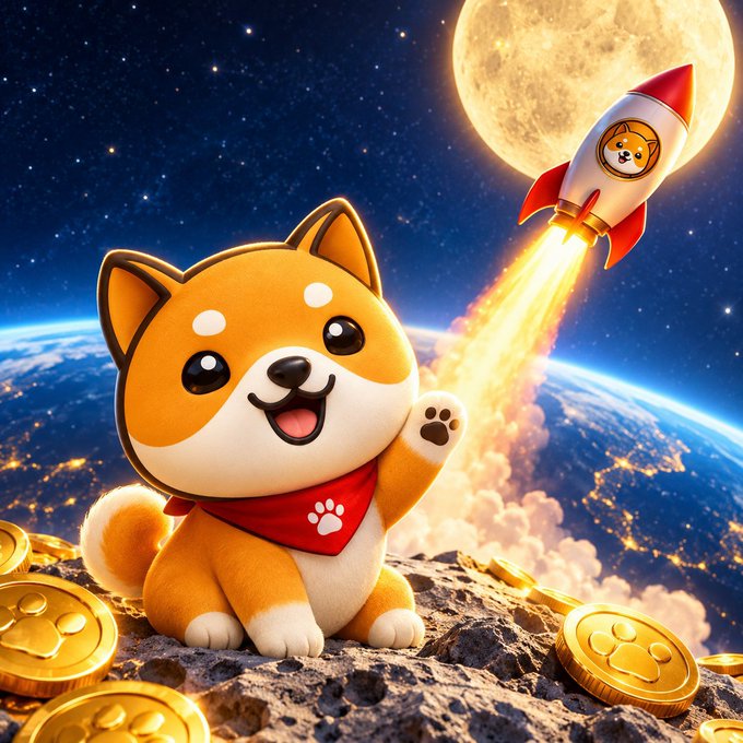 A digital illustration of a cute Shiba Inu dog wearing a red bandana, waving beside a rocket ship with another dog inside, set against a space backdrop with a large moon and gold coins scattered on a rocky surface.