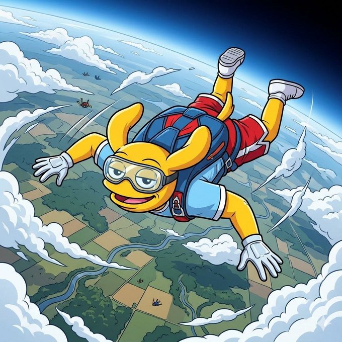 An animated illustration shows a yellow frog-like character skydiving while wearing goggles, a parachute backpack, and gloves, soaring above a patchwork landscape of fields and rivers amid fluffy clouds.