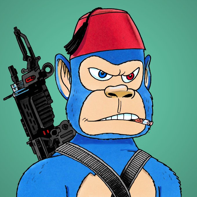A cartoon blue gorilla wearing a red fez and bandolier, smoking a cigarette and holding an assault rifle, embodying the "Floor FREAK of the day" post as a gritty, armed Bored Ape-style NFT character.