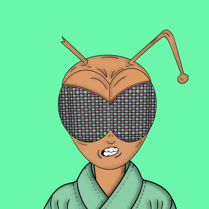 A cartoon illustration of an insect-like character with a brown head, green robe, antennae, and large heart-shaped purple and green pixelated sunglasses on a mint green background.