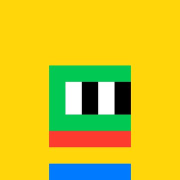 A pixel art graphic on a yellow background displays stacked colored blocks—green, black-and-white patterned, red, and blue—resembling a stylized Bitcoin or crypto symbol. The "GM" (Good Morning) post with a 1/4 and 1/40 contribution reference suggests this image represents a digital asset or NFT artwork related to a fractional ownership or selection process in a crypto collection.