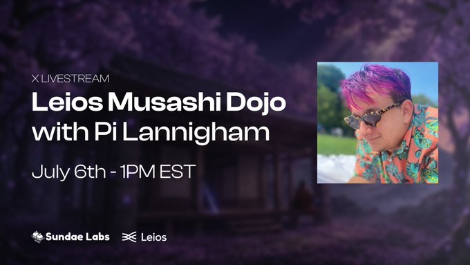 A promotional graphic for the "X LIVESTREAM: Leios Musashi Dojo with Pi Lannigham" on July 6th at 1 PM EST, featuring a photo of Pi with vibrant pink-purple hair and sunglasses, with logos for Sundae Labs and Leios at the bottom, set against a blurred backdrop of a Japanese-style building with cherry blossoms.