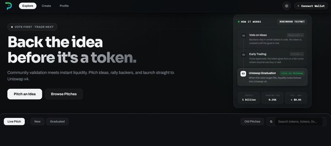 A screenshot of the Uniswap v4 website with the headline 'Back the idea before it's a token' and buttons for 'Pitch an Idea' and 'Browse Pitches'.
