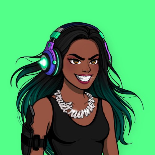 A vibrant cartoon avatar of a confident young woman with long black hair, glowing purple and teal headphones, a pearl necklace, and a black tank top smiles against a bright green background. The image complements the post's "GM" greeting by presenting a bold, regal "queen" figure to match the caption's tribute.