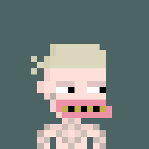 An 8-bit style pixel art illustration of a pale, skeletal figure with blonde hair and a pink band across its face against a solid grey background.