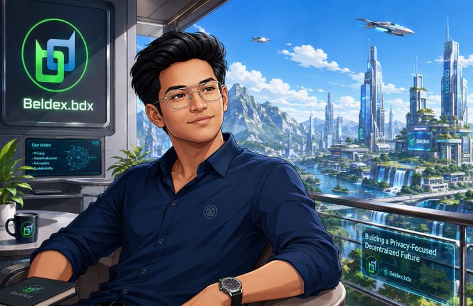 A digital illustration of a young man with glasses in a blue shirt, sitting by a window overlooking a futuristic city, with 'Beldex.bdx' branding and the tagline 'Building a Privacy-Focused Decentralized Future'.