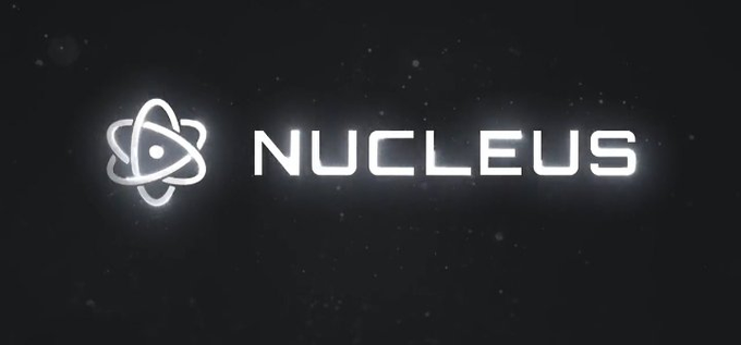The 'NUCLEUS' logo featuring an atomic-style symbol with orbiting electrons next to the text, displayed in white against a black background with subtle particle effects.
