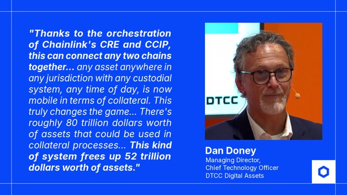 A promotional slide featuring a quote about Chainlink's CRE and CCIP, stating "This kind of system frees up 52 trillion dollars worth of assets.", alongside a photo of Dan Doney, Managing Director and Chief Technology Officer of DTCC Digital Assets.