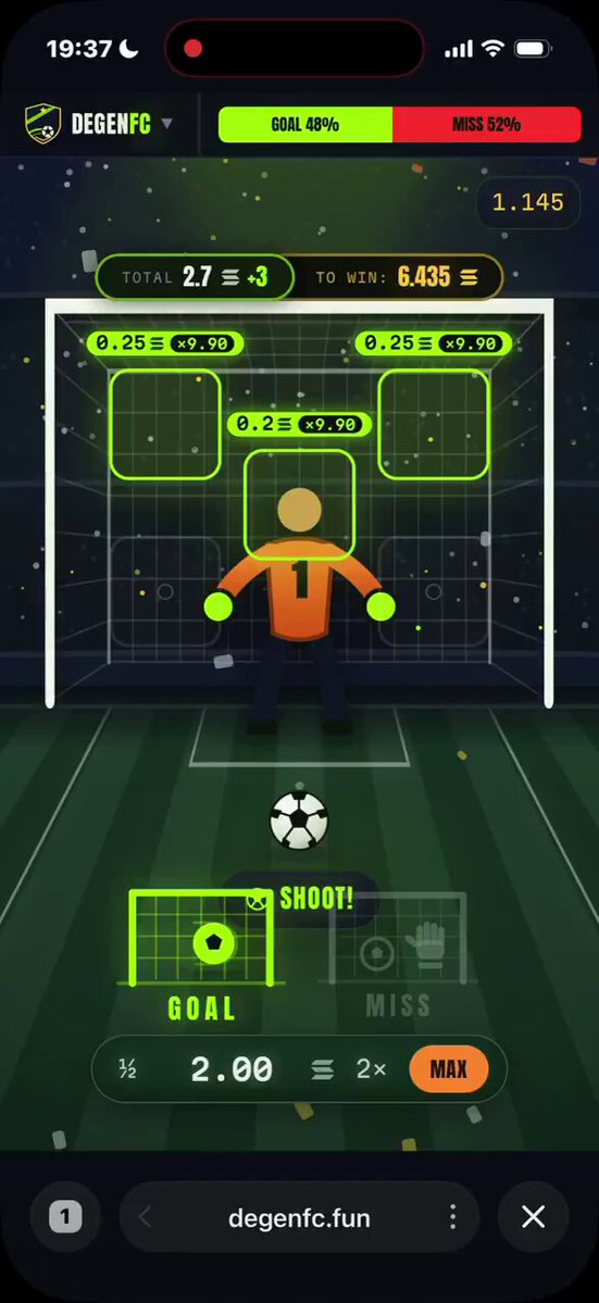The image shows a smartphone screen displaying an app game with a soccer theme, featuring a goalie character standing at home plate ready for action. The game has a rating of "M" suitable for all ages. There are two goals visible on the screen, one in front and another behind the goalie. A player is also present in the scene, possibly waiting to take their turn or cheering for their team. The app's description suggests that it could be a giveaway, with an offer to follow the post for more details about the game and potential prizes.