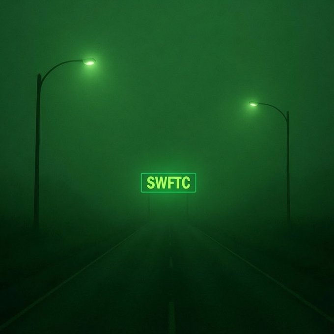 An atmospheric, foggy green illustration of an empty road illuminated by two street lamps, with a glowing road sign in the center displaying the ticker 'SWFTC'.