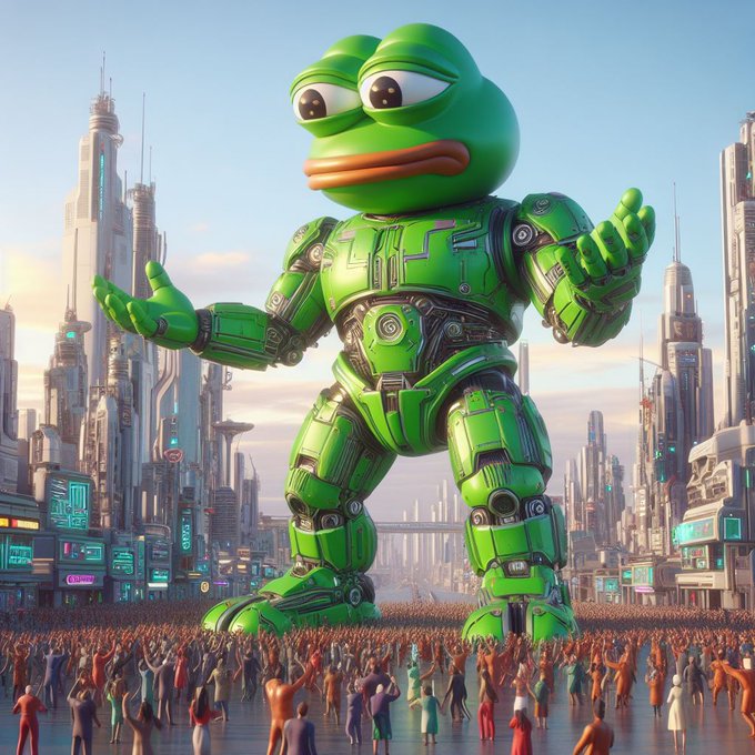 A 3D-rendered giant green Pepe frog robot towering over a crowd in a futuristic sci-fi city.