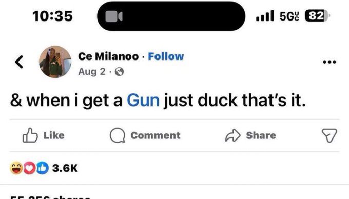 A Facebook screenshot from user "Ce Milanoo" posted on Aug 2 shows a post reading "& when i get a Gun just duck that's it." with 3.6K reactions. The post was made at 10:35 with 5G service and an 82% battery shown in the phone's status bar.