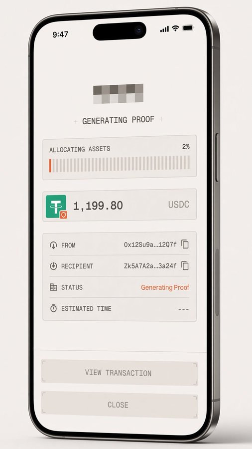 Smartphone screen displaying a crypto transaction generating proof, showing 1,199.80 USDC being sent from one wallet address to another with a status of "Generating Proof."