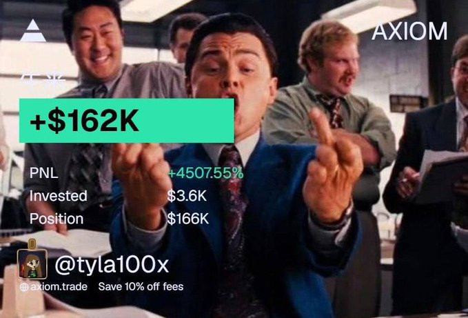 A promotional image from Axiom featuring the iconic "Leonardo DiCaprio pointing" meme overlaid with trading results for user @tyla100x, showing a PNL of +4507.55% with $3.6K invested yielding a $166K position and +$162K in profits, while the post praises a successful female memecoin trader who turned $40 into $40,000 with notable calls on #牛来 and $TOAD.
