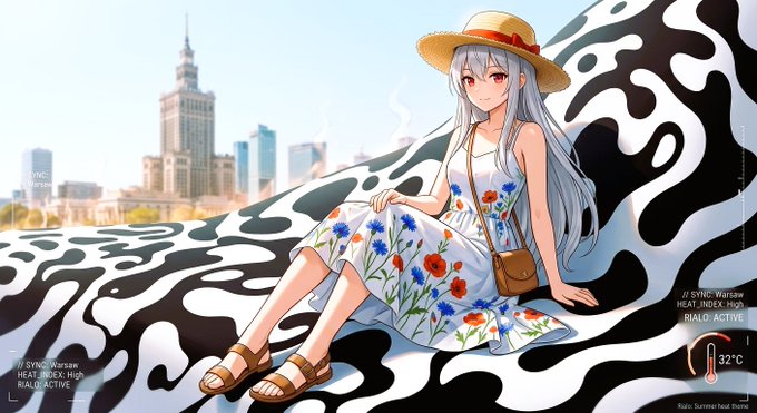 An anime-style illustration shows a silver-haired girl in a floral sundress and straw hat reclining against a black-and-white patterned surface, with a cityscape (featuring a spired building resembling Warsaw's Palace of Culture and Science) visible in the background and temperature gauges reading 32°C and 32°C. The image's heat indicator and urban setting visually reinforce the post's complaint about the extreme +38°C heatwave, contrasting her calm pose with the sweltering conditions as she finds relief by following @RialoHQ's progress.
