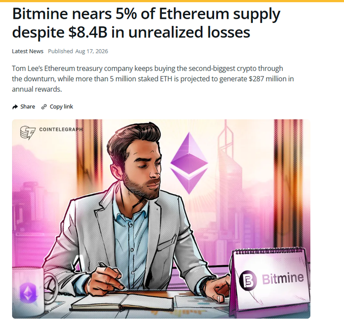 A Cointelegraph article headline stating 'Bitmine nears 5% of Ethereum supply despite $8.4B in unrealized losses,' featuring an illustration of a man at a desk with the Bitmine and Ethereum logos.