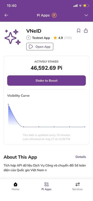 A mobile app screenshot showing the VNeID Testnet App in Pi Apps with 46,592.69 Pi actively staked, a visibility curve chart, and a 4.9-star rating from 705 reviews.