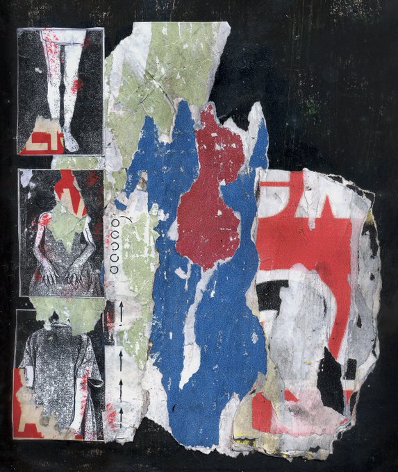 A mixed-media collage on a black background featuring torn posters, red and blue paint strokes, and photocopied images of figures, with arrows and text including 'COCO'.