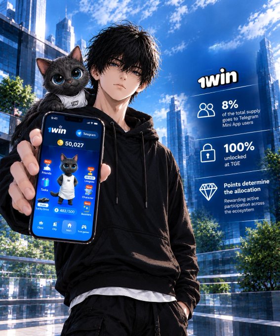 An anime character holds up a smartphone displaying the "1win" Telegram Mini App interface showing 50,027 tokens, while a gray cat sits on his shoulder, visually reinforcing the post's announcement that 8% of the total $1WIN token supply (80 million tokens) is allocated to TMA users with allocation determined by engagement points.