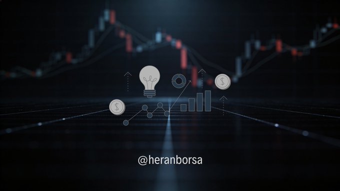 A dark financial chart background featuring floating icons of a lightbulb, dollar coins, a gear, and bar graphs above a glowing grid, with the watermark '@heranborsa'.