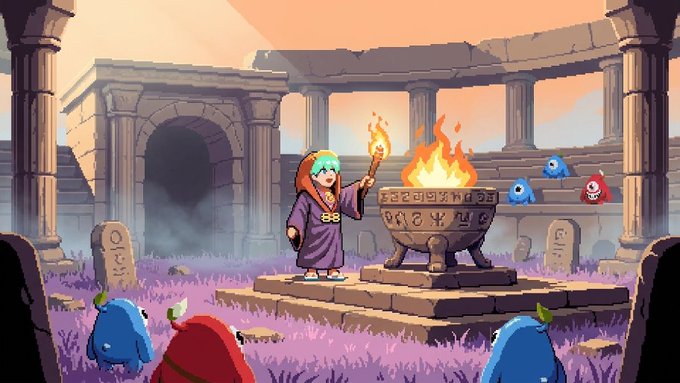 A hooded character with teal hair ignites a flaming bronze urn atop an ancient stone altar in a ruined temple, surrounded by spectral blue and red ghost-like creatures with "KTP" inscribed on nearby tombstones. The mystical pixel-art scene illustrates the launch of the onchain game "Asphodel Prologue," where players awaken a permanent onchain world with prizes available during the 3-week launch event and beyond.