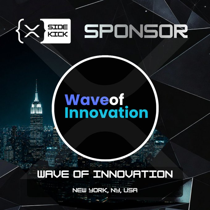 A promotional graphic for 'Side Kick' sponsor featuring the 'Wave of Innovation' logo with text indicating the event is located in New York, NY, USA, set against a nighttime cityscape featuring the Empire State Building.