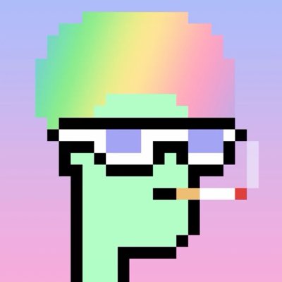 A pixel art illustration of a green-skinned character with rainbow-colored hair, wearing black-rimmed glasses and smoking a cigarette, set against a pink gradient background.