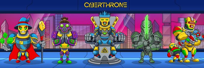 A promotional banner for 'CYBERTHRONE' featuring five stylized robot characters lined up in a futuristic city setting, with a central crowned figure seated on a throne.