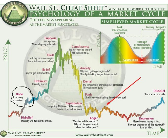 A 'Wall St. Cheat Sheet' infographic titled 'PSYCHOLOGY OF A MARKET CYCLE' showing the emotional stages investors go through, including Hope, Euphoria, Complacency, Anxiety, Denial, Panic, Capitulation, Anger, Depression, and Disbelief, plotted against price over time.