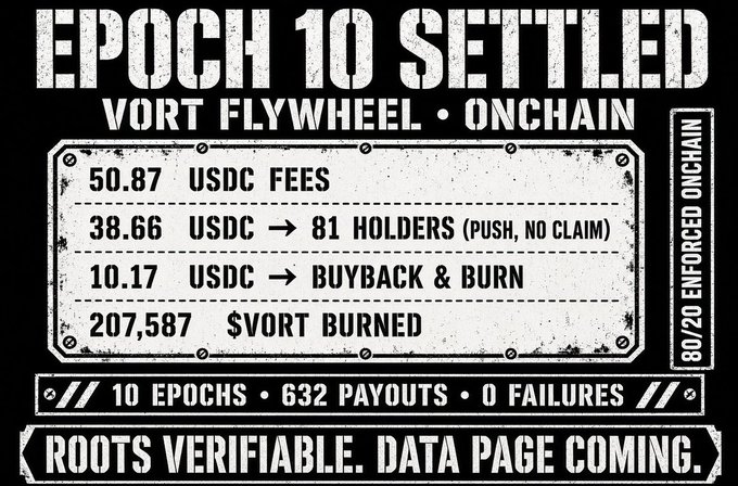 A graphic announcing 'EPOCH 10 SETTLED' for VORT FLYWHEEL ONCHAIN, detailing 50.87 USDC in fees, 38.66 USDC distributed to 81 holders, 10.17 USDC for buyback & burn, and 207,587 $VORT burned across 10 epochs with 632 payouts and 0 failures.