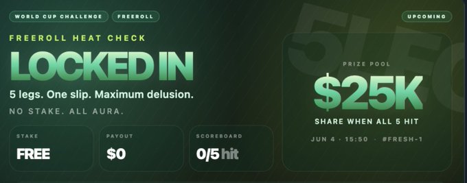 The image shows a poster advertisement related to a free prediction campaign that runs during the World Cup. It is positioned next to a green color backdrop displaying white text. The main elements of the poster are the logo, which is an illustration of a person wearing glasses with a mouse symbol on their mousepad, and the text "Freeroll heat check", followed by three numbers. This suggests that the campaign operates using a free prediction service for soccer matches, offering users the chance to win a cash prize based on the outcomes of specific events in the World Cup.