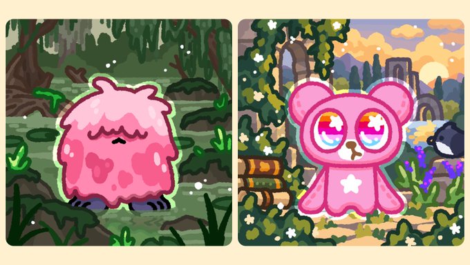 Two pixel art characters in a swampy forest setting: on the left is a pink blob-like creature named 'Gloop', and on the right is a pink bear-like character with starry eyes and a star on its belly named 'Mira'.