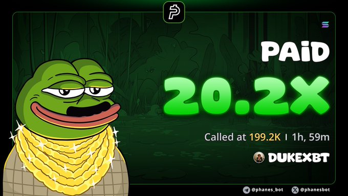 A green Pepe Frog character wearing gold chains appears alongside promotional text reading "PAID 20.2X Called at 199.2K | 1h, 59m" with the handle "DUKEXBT," illustrating a successful trade call from a paid group chat (GC) service advertised by @phanes_bot on Telegram.