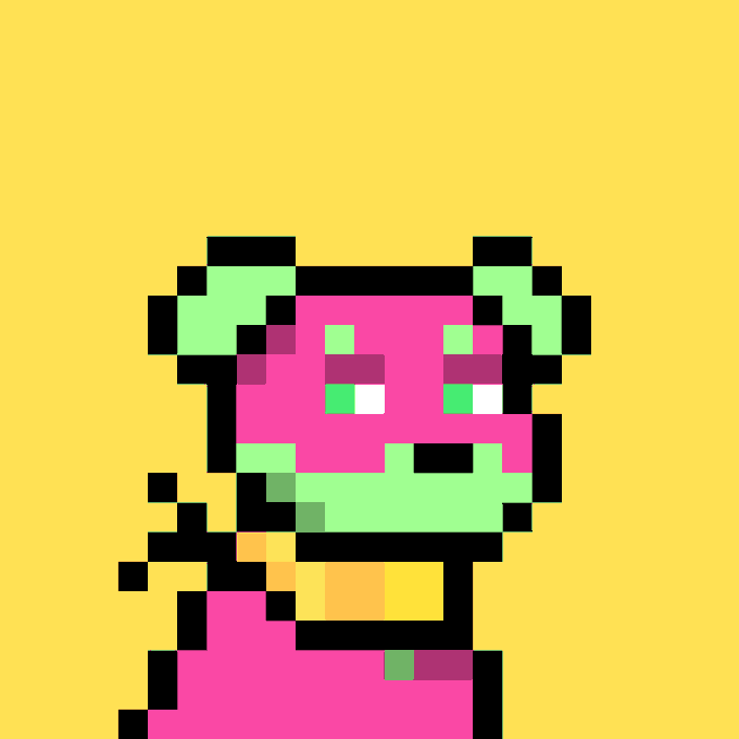 A pixel art character with a green and pink/magenta color scheme on a bright yellow background.