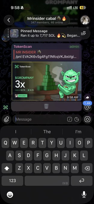 A Telegram group chat called 'Mrinsider cabal' (347 members, 46 online) showing a pinned TokenScan message about a $GROMPANY token with a 3x label and a Pepe-style cartoon character holding stacks of money.
