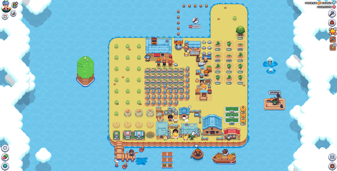 A pixel art farming simulation game screenshot showing a player on a sandy island with crop fields, NPCs, and various buildings, with another expansion area being prepared in the top portion. The interface displays player level 64, an inventory, and a small boat area, reflecting the player's progress update noting their level increase from 63 to 65 and ongoing expansion work.