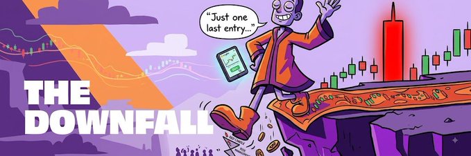An illustrated graphic titled "THE DOWNFALL" depicting a man in a suit falling off a cliff edge, saying "Just one last entry..." while holding a smartphone showing a dropping stock chart, with additional charts in the background.