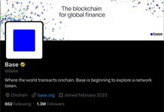 A social media profile for Base (@base) on the Coinbase-backed blockchain, described as 'The blockchain for global finance' with 862 following and 1.1M followers, joined February 2023.