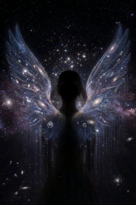 A digital artwork depicts the silhouette of a female figure with massive, ethereal butterfly wings made of swirling galaxies, stars, and nebulae set against a dark cosmic background.