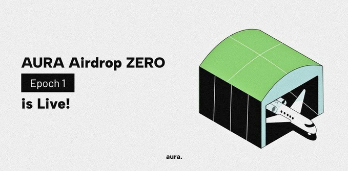 A promotional graphic for 'AURA Airdrop ZERO' announces 'Epoch 1 is Live!' featuring an illustration of a green and black aircraft hangar with a white airplane inside.