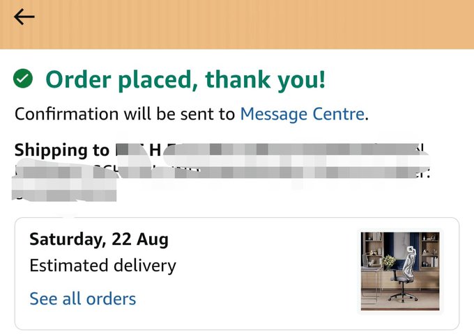 An order confirmation screen displays "Order placed, thank you!" with an estimated delivery date of "Saturday, 22 Aug" and a small image preview of an office chair, tying into the celebratory post about finally purchasing a long-desired dream chair rather than traditional status symbols.