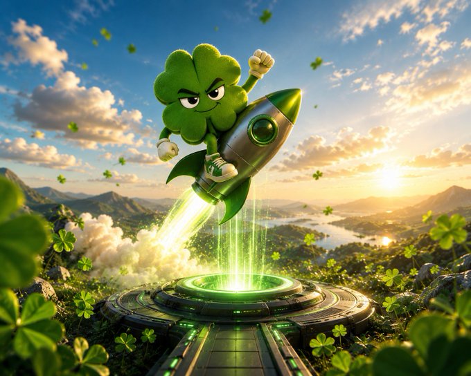 A vibrant digital illustration of an angry four-leaf clover mascot riding a rocket launching from a futuristic platform above a lush green landscape with mountains and a sunset.
