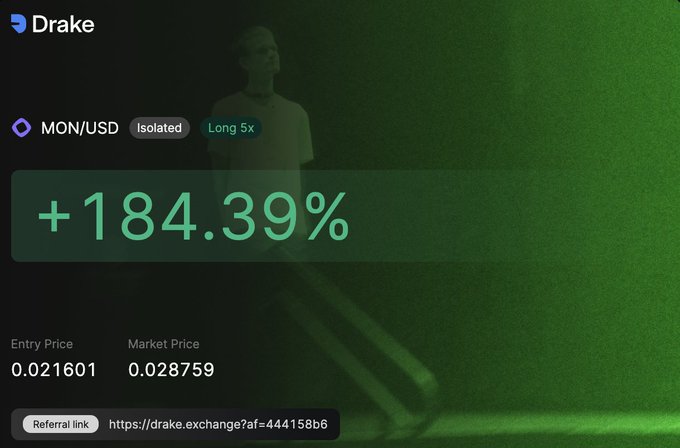 A crypto trading interface showing 'Drake' platform with a massive +184.39% gain for the MON/USD pair, including entry price 0.021601 and market price 0.028759, along with a referral link.