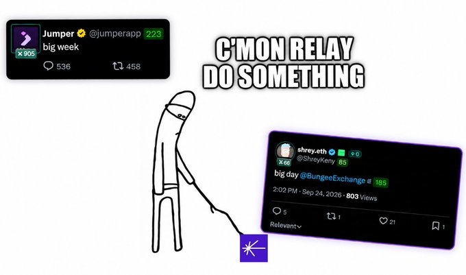 A meme featuring a stick figure pointing at a plug-in icon, captioned "C'MON RELAY DO SOMETHING," alongside tweets from "Jumper @jumperapp" ("big week") and "shrey.eth @ShreyKeny" ("big day @BungeeExchange").